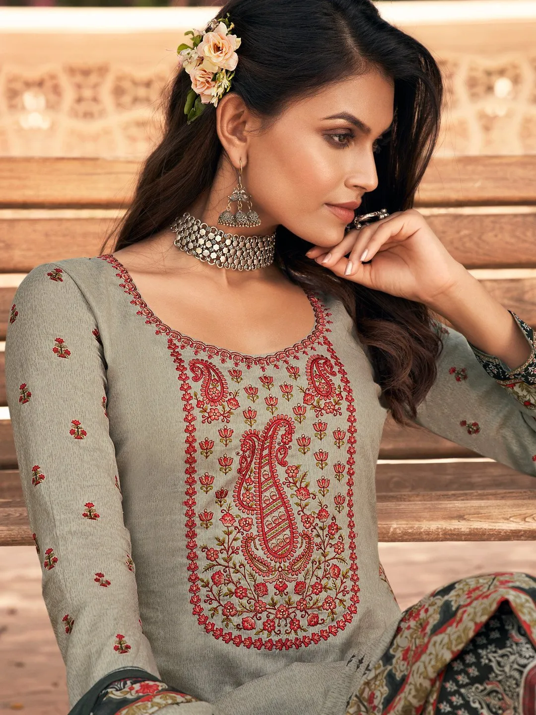 Lawn Cotton Grey Unstitched Suit Material with Embroidery