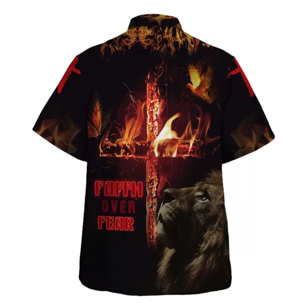 Lion Cross Faith Over Fear Hawaiian Shirts For Men - Christian Hawaiian Shirt - Hawaiian Summer Shirts