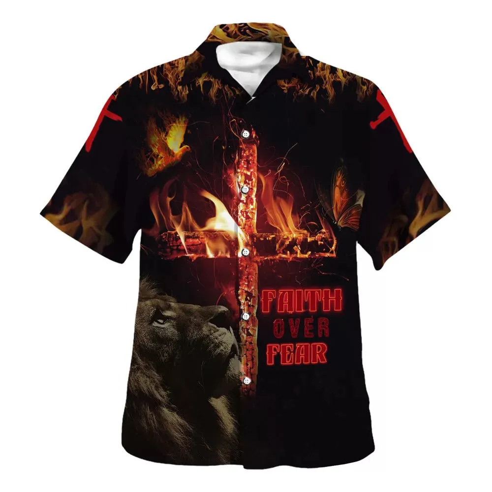 Lion Cross Faith Over Fear Hawaiian Shirts For Men - Christian Hawaiian Shirt - Hawaiian Summer Shirts