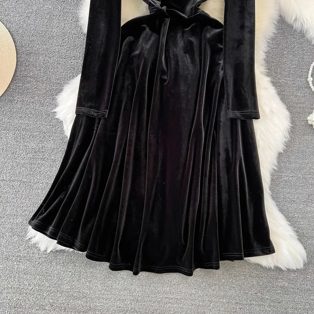 long-sleeved beaded round neck A-line velvet dress elegant long skirt    S3930