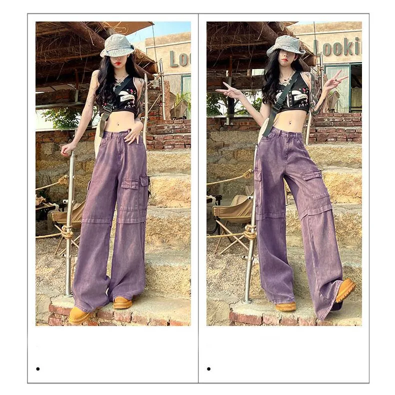 Loose Fit Straight Leg Retro High-Waisted Purple Workwear Jeans