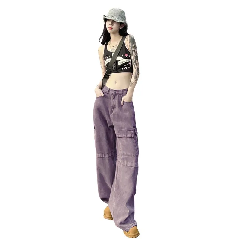 Loose Fit Straight Leg Retro High-Waisted Purple Workwear Jeans