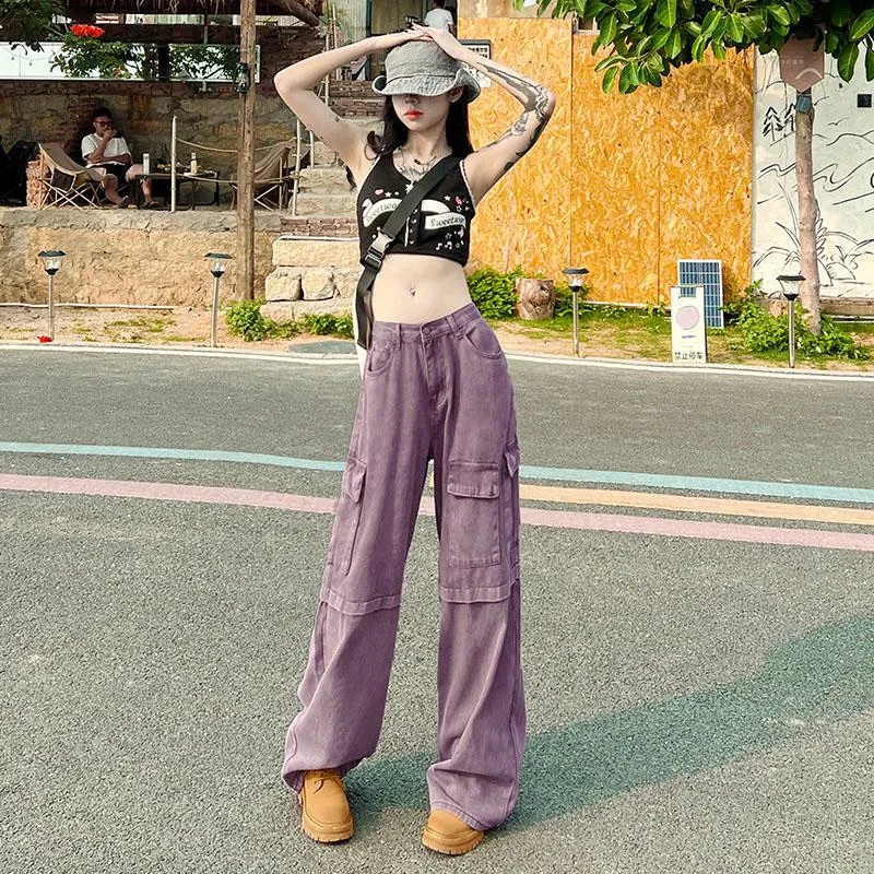 Loose Fit Straight Leg Retro High-Waisted Purple Workwear Jeans