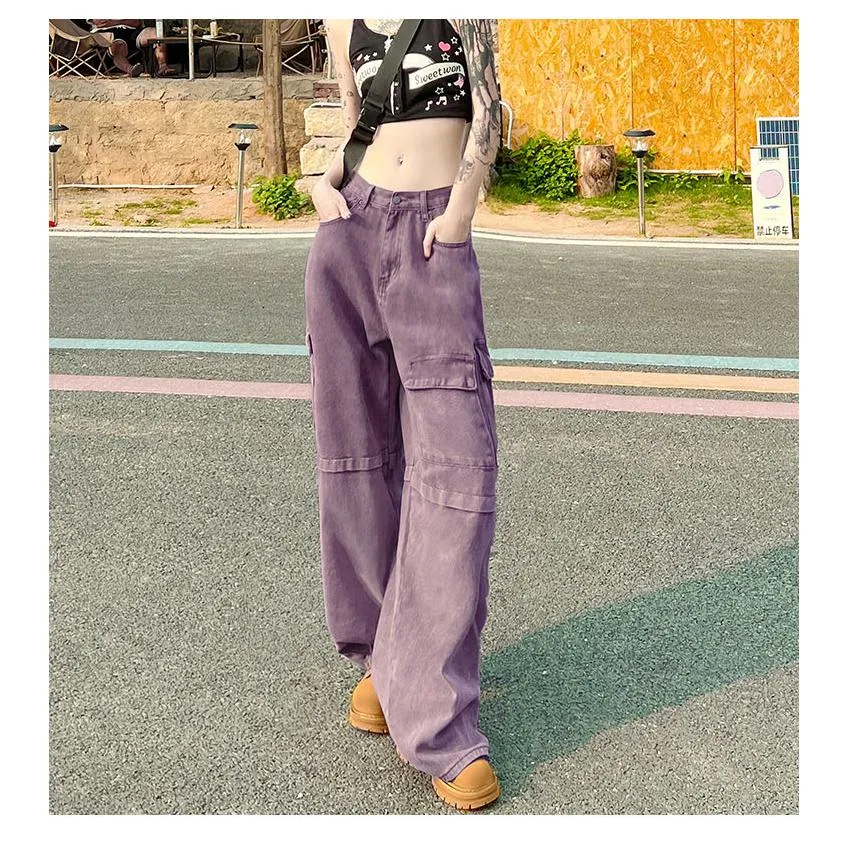 Loose Fit Straight Leg Retro High-Waisted Purple Workwear Jeans