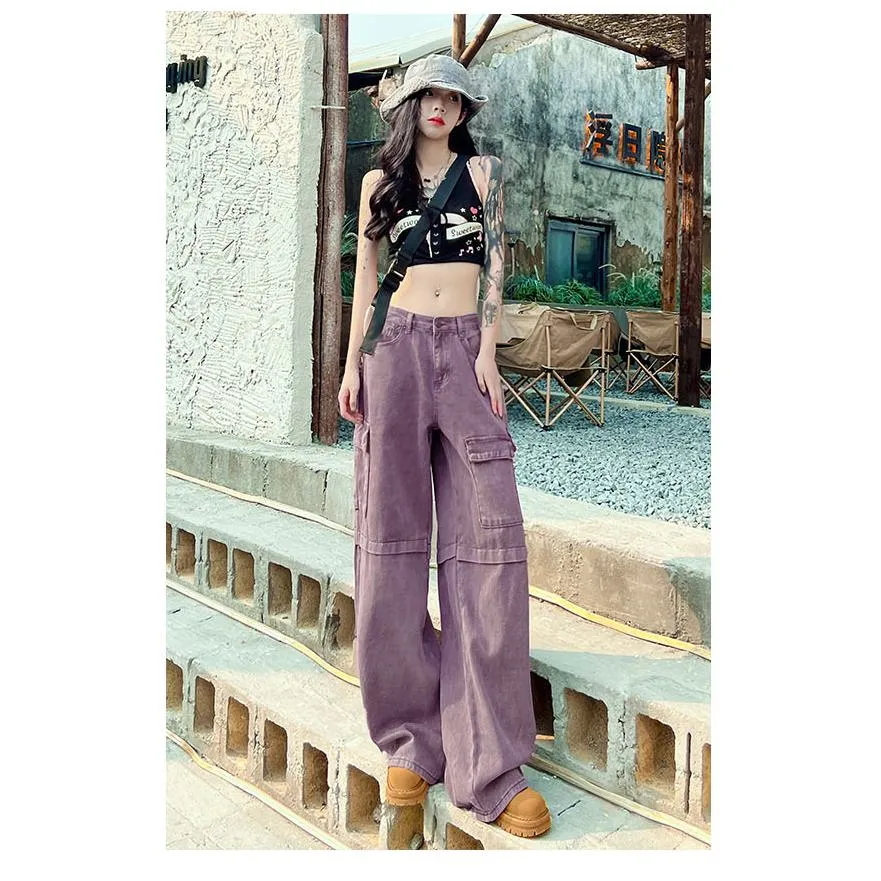 Loose Fit Straight Leg Retro High-Waisted Purple Workwear Jeans