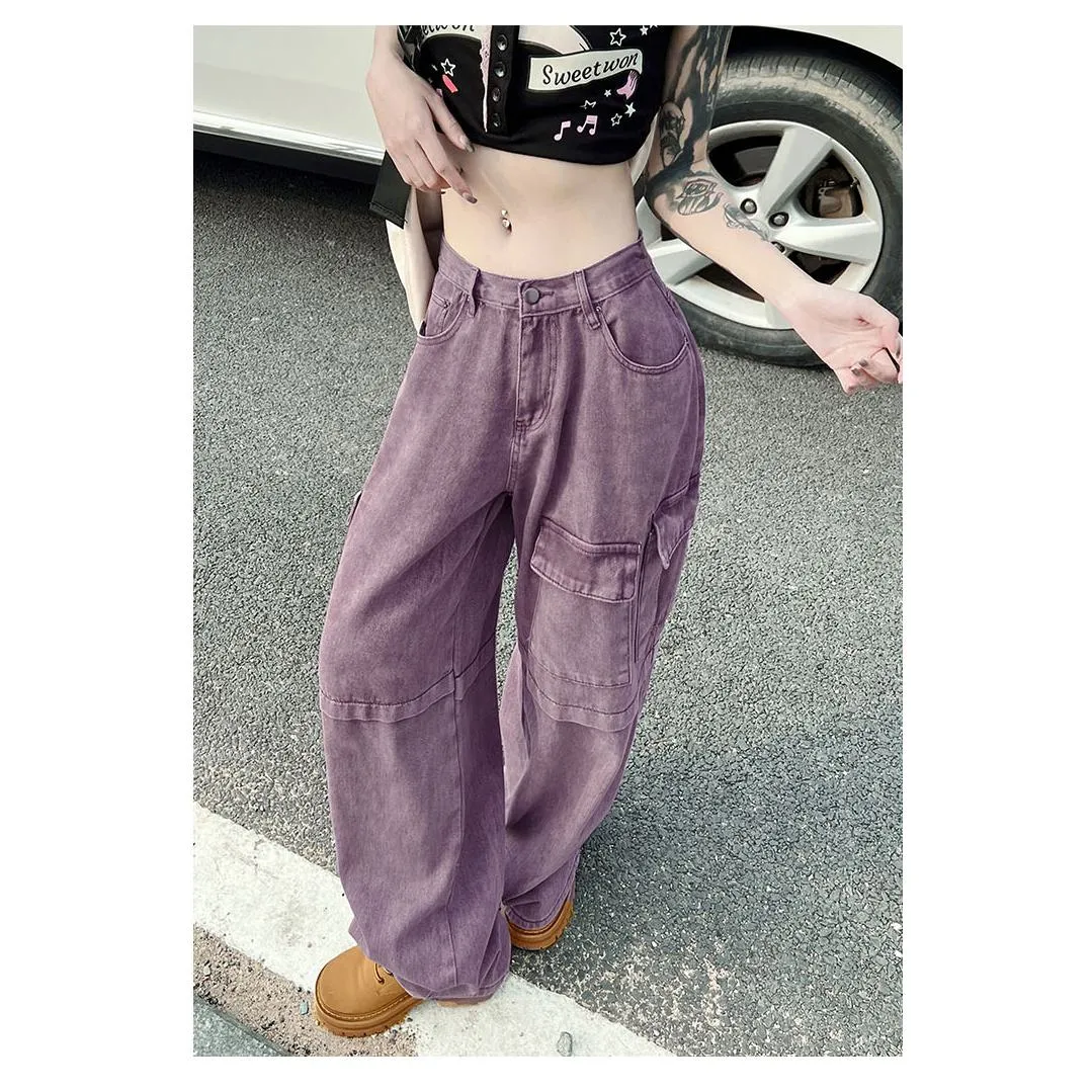 Loose Fit Straight Leg Retro High-Waisted Purple Workwear Jeans