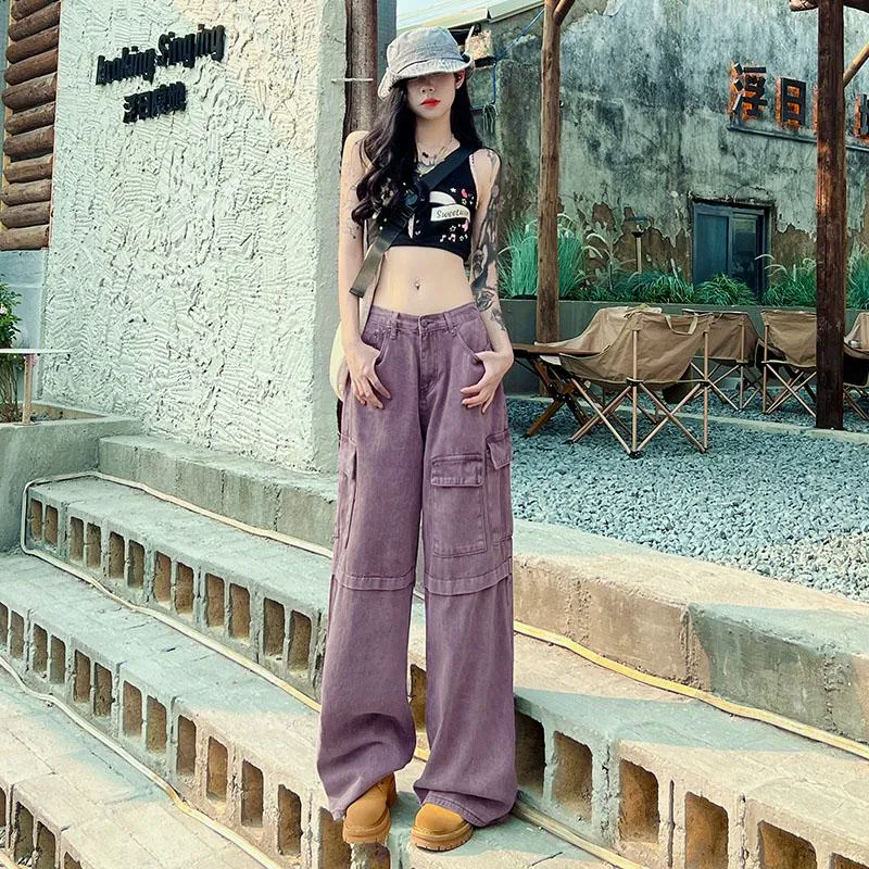 Loose Fit Straight Leg Retro High-Waisted Purple Workwear Jeans