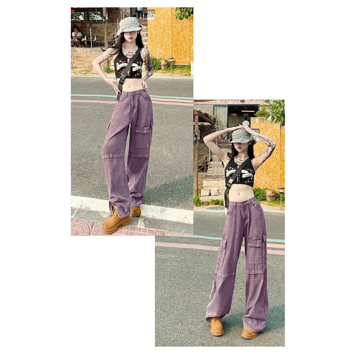 Loose Fit Straight Leg Retro High-Waisted Purple Workwear Jeans