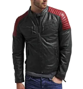 Men Black Red leather jcket, Motorbike Designer Leather For Men