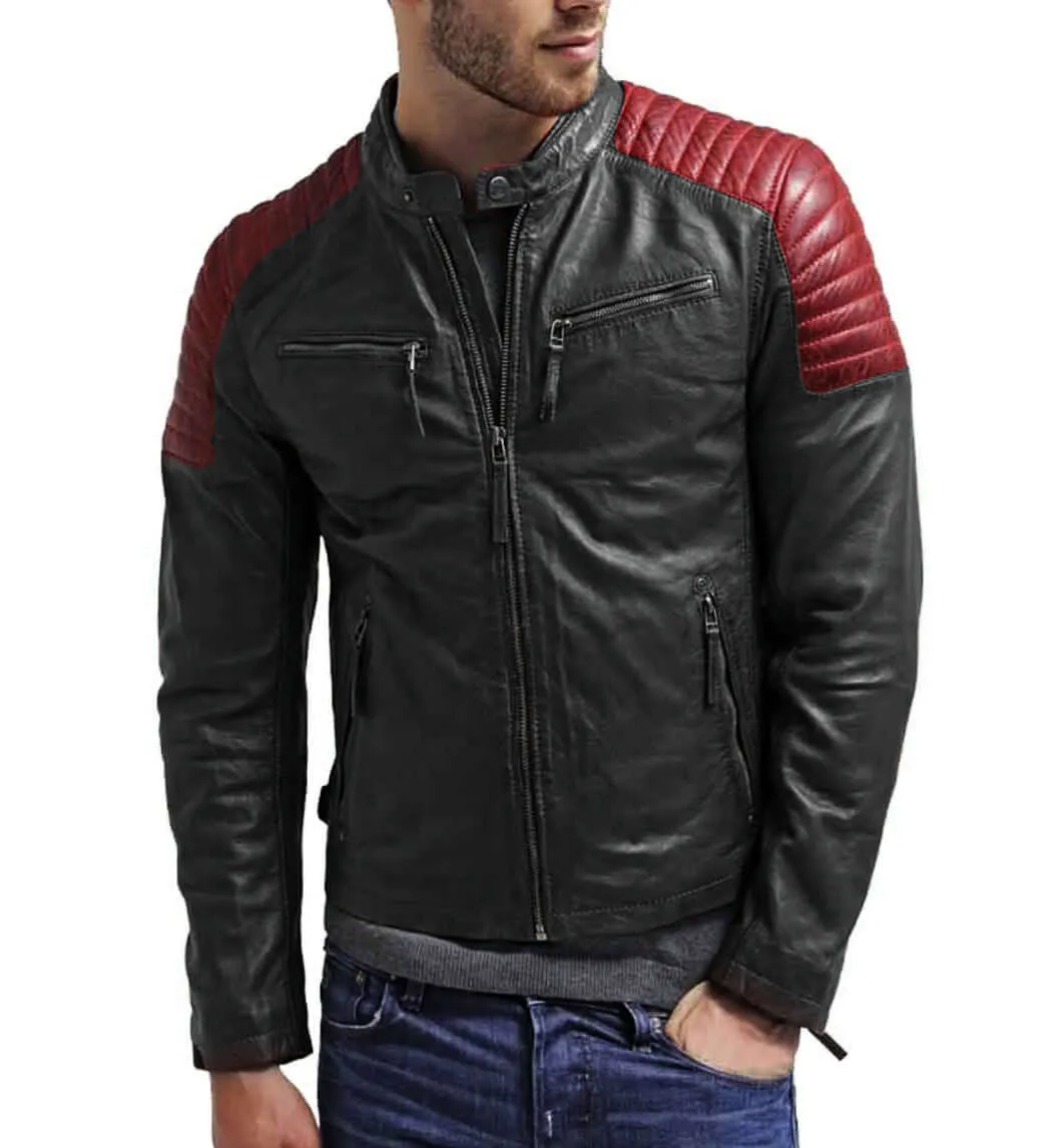 Men Black Red leather jcket, Motorbike Designer Leather For Men