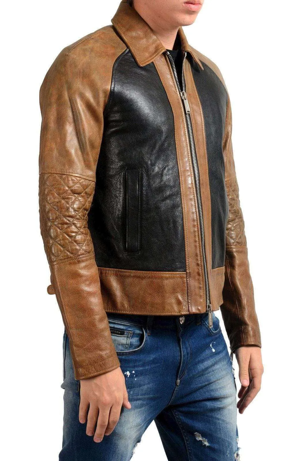 Men Brown Black Branded Motorbike Leather Jacket, Classic Trendy Scooter Fashion Zipper Jacket