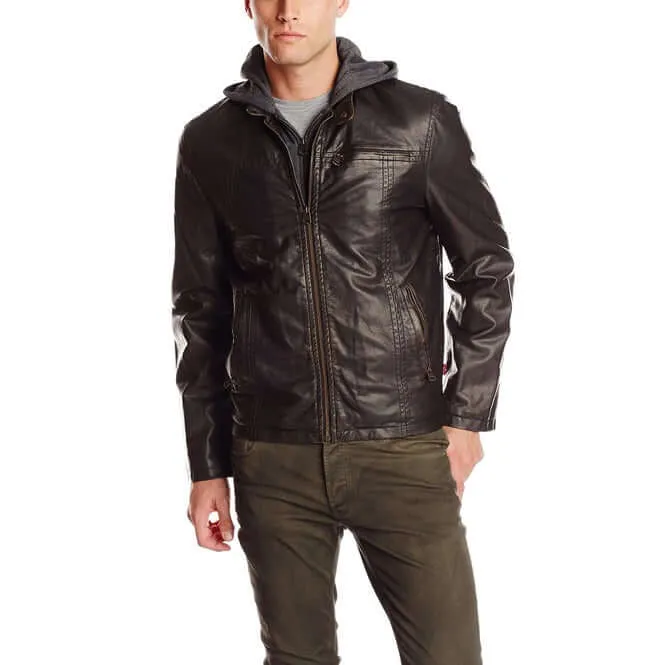 Men Dark Brown Leather Jacket, Men Fabric Hooded Leather Jacket, Men Jacket