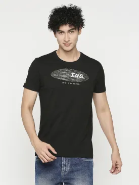 Men Premium Black Cotton Half Sleeve Printed Tshirt- Underjeans By Spykar