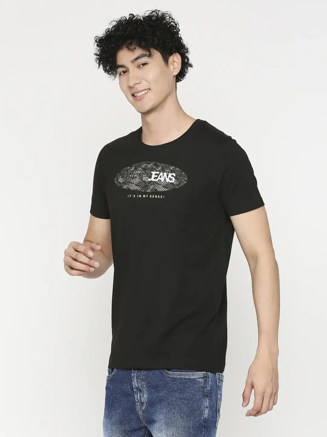 Men Premium Black Cotton Half Sleeve Printed Tshirt- Underjeans By Spykar