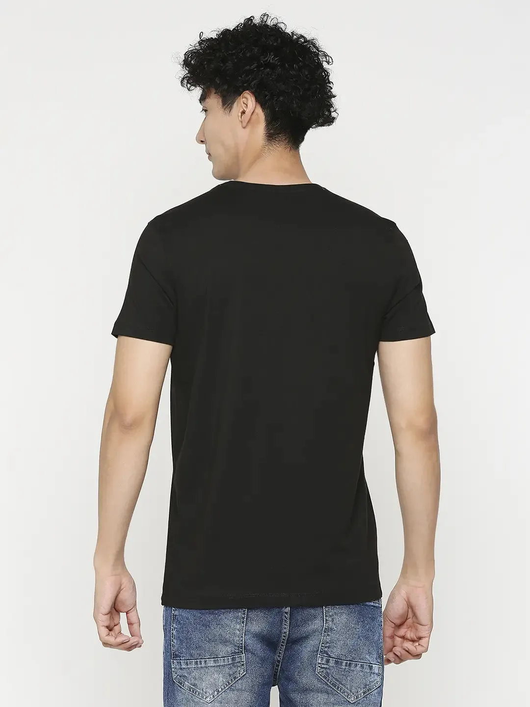 Men Premium Black Cotton Half Sleeve Printed Tshirt- Underjeans By Spykar