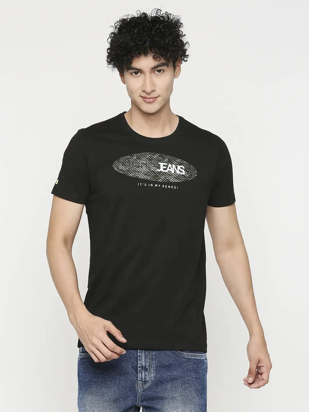 Men Premium Black Cotton Half Sleeve Printed Tshirt- Underjeans By Spykar