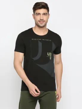 Men Premium Black Cotton Round Neck Printed Tshirt- Underjeans By Spykar