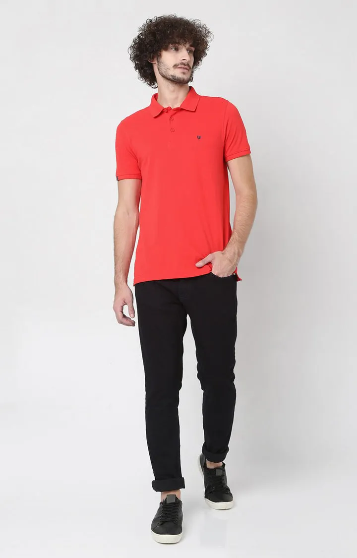 Men Premium Coral Cotton Regular Fit Polo T-Shirt- Underjeans By Spykar