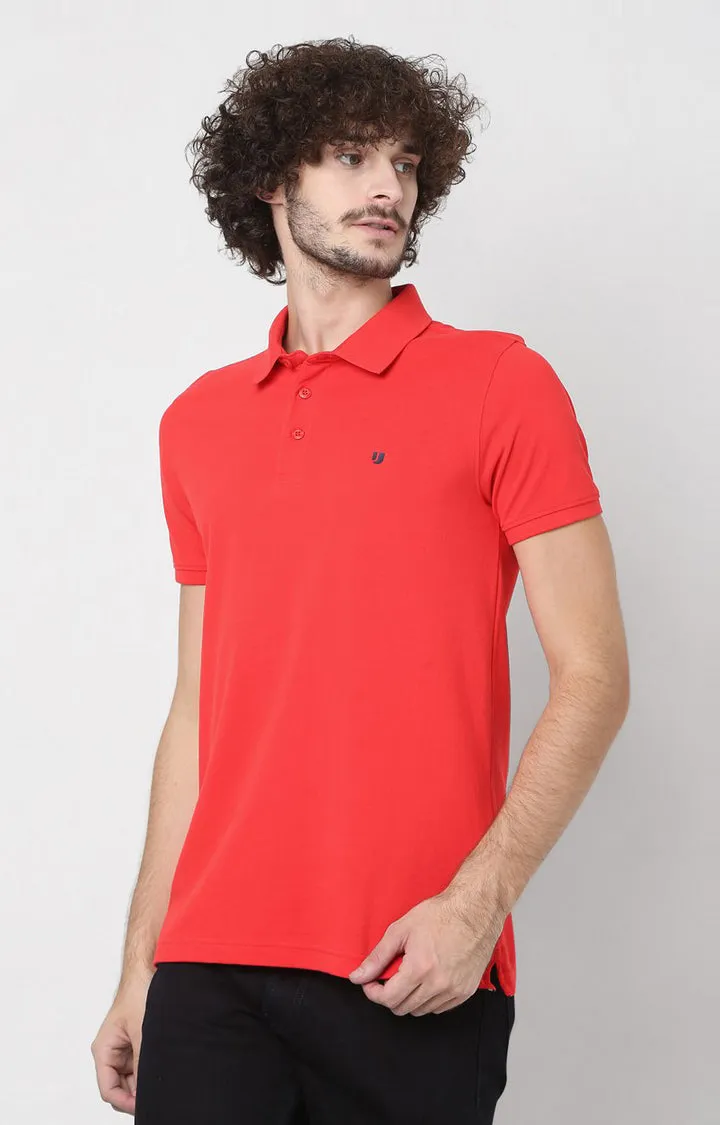 Men Premium Coral Cotton Regular Fit Polo T-Shirt- Underjeans By Spykar