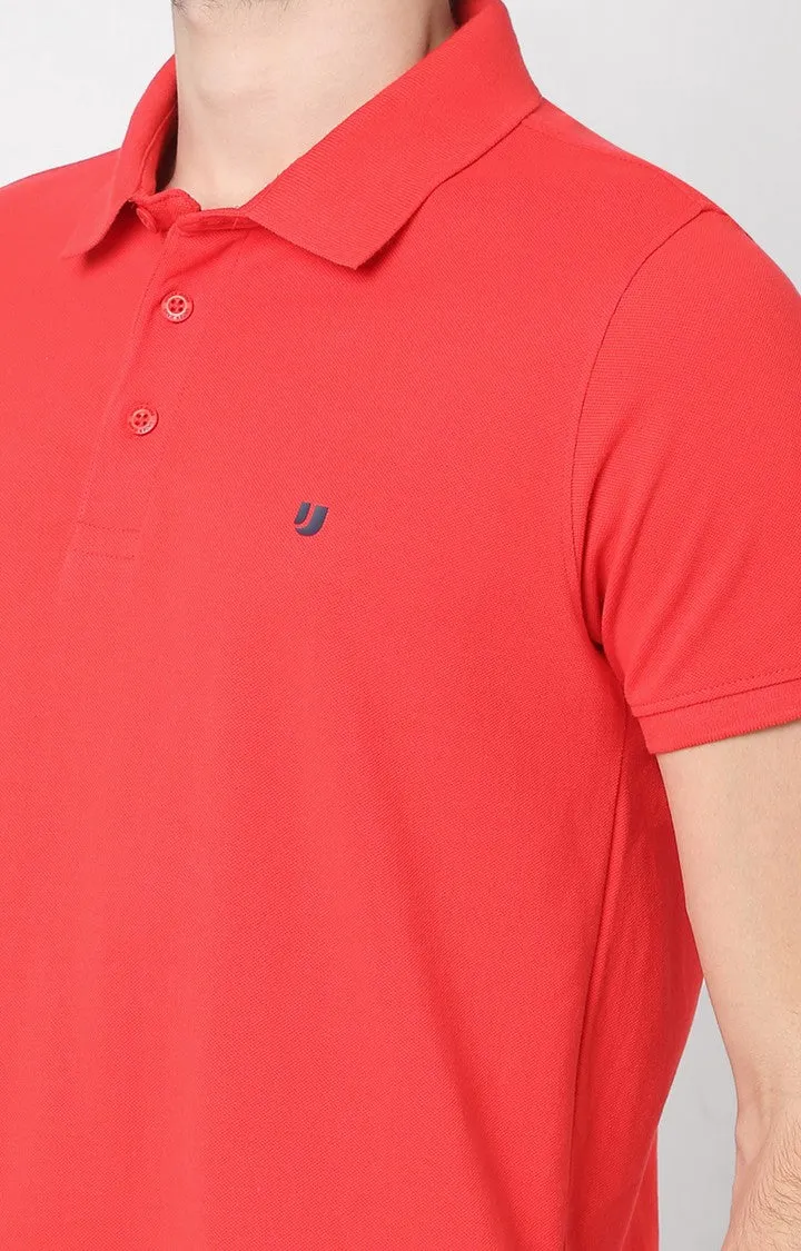 Men Premium Coral Cotton Regular Fit Polo T-Shirt- Underjeans By Spykar