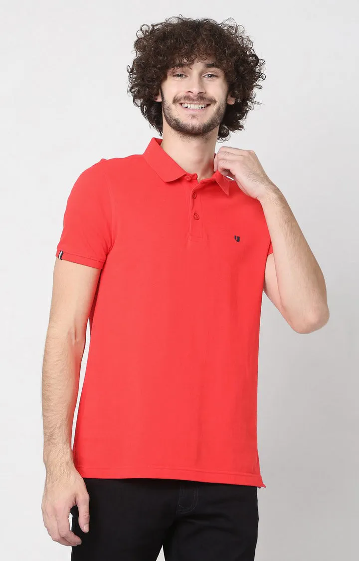 Men Premium Coral Cotton Regular Fit Polo T-Shirt- Underjeans By Spykar