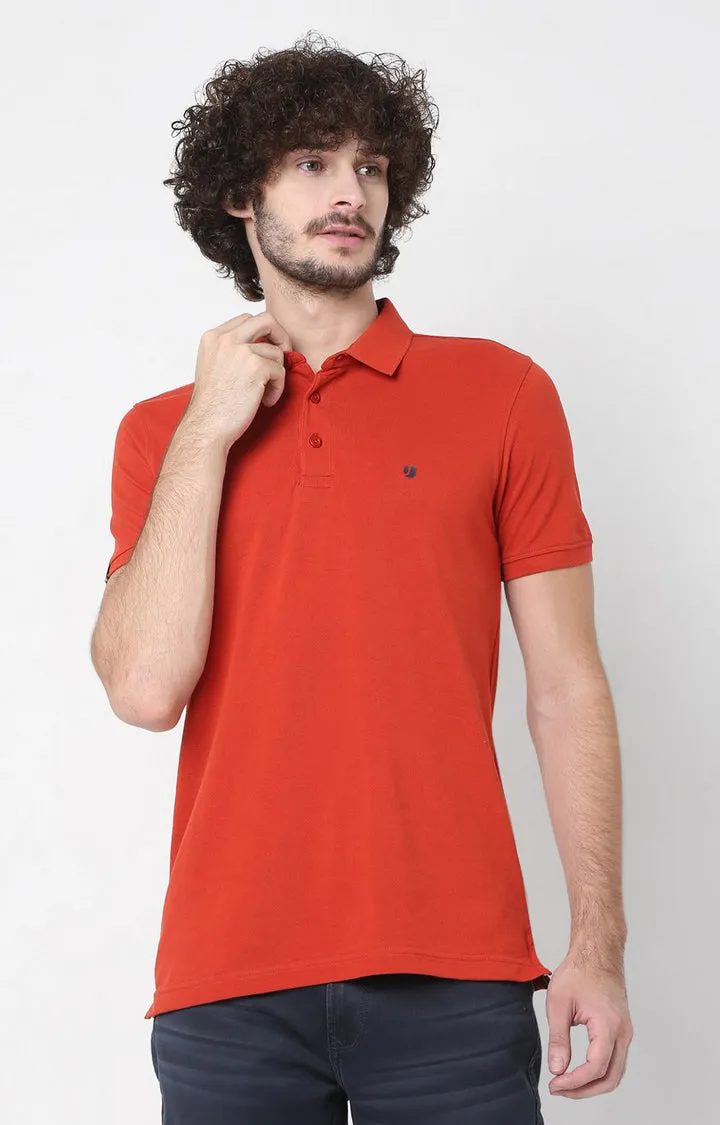 Men Premium Orange Cotton Regular Fit Polo T-Shirt - Underjeans By Spykar