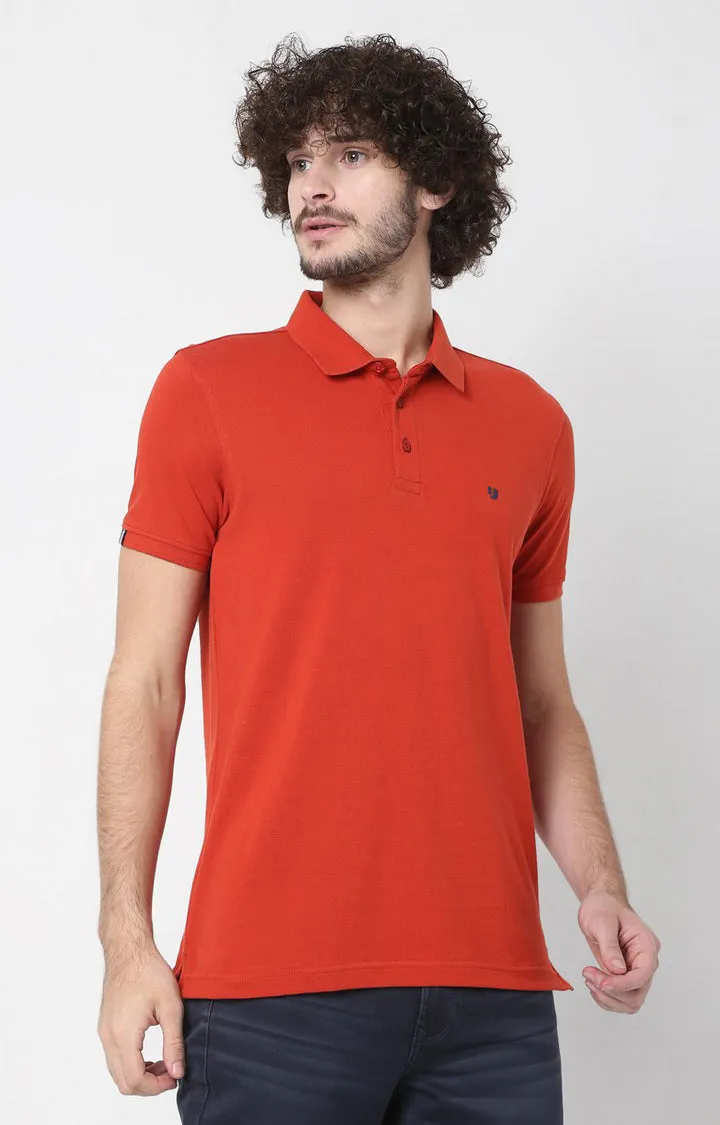 Men Premium Orange Cotton Regular Fit Polo T-Shirt - Underjeans By Spykar