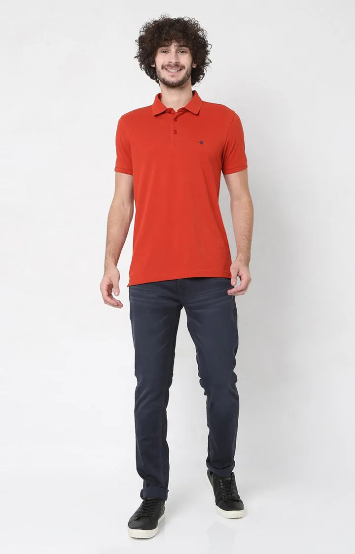 Men Premium Orange Cotton Regular Fit Polo T-Shirt - Underjeans By Spykar