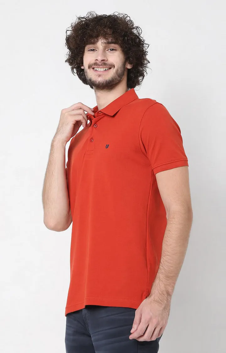 Men Premium Orange Cotton Regular Fit Polo T-Shirt - Underjeans By Spykar