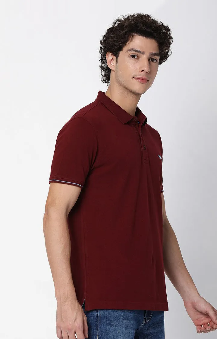 Men Premium Wine Cotton Regular Fit Polo T-Shirt Underjeans By Spykar