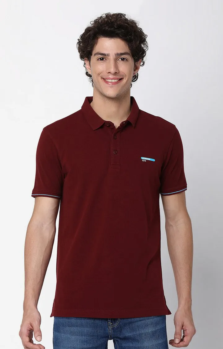 Men Premium Wine Cotton Regular Fit Polo T-Shirt Underjeans By Spykar