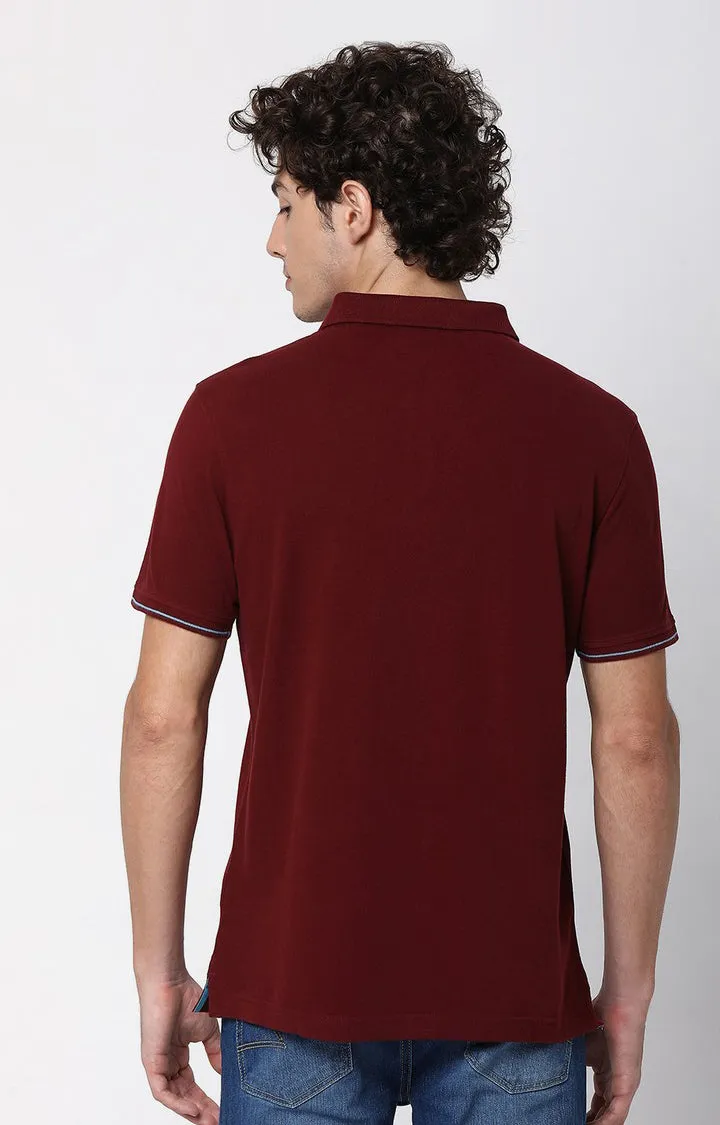 Men Premium Wine Cotton Regular Fit Polo T-Shirt Underjeans By Spykar