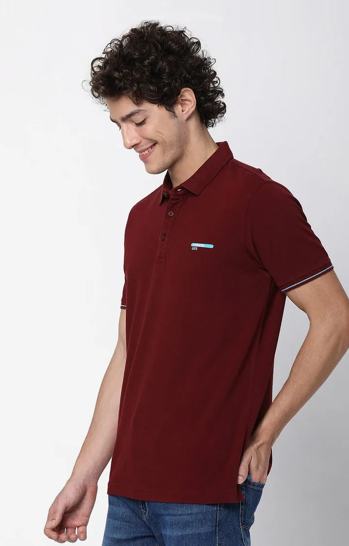 Men Premium Wine Cotton Regular Fit Polo T-Shirt Underjeans By Spykar