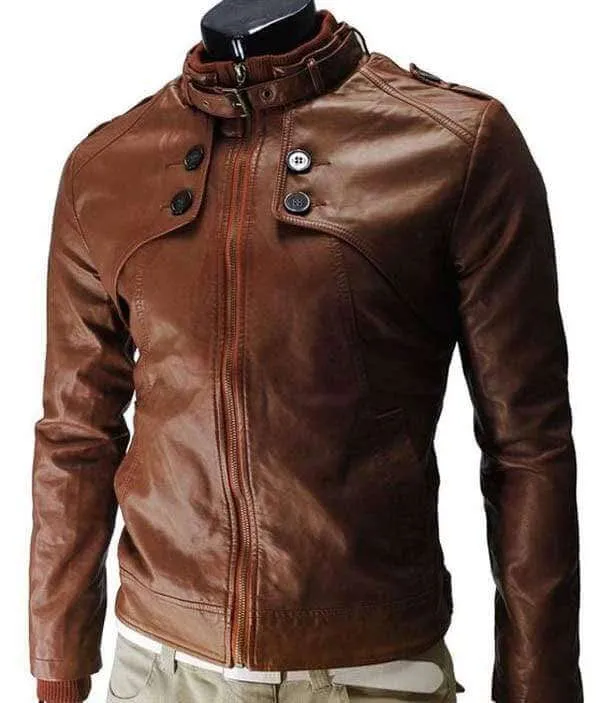 Men slim fit Leather Jacket, Mens Leather jacket, Brown Button Zipper Jacket