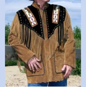 Men Western Fringe Jackets, Tan And Black Fringe Jacket, Fringe Jacket