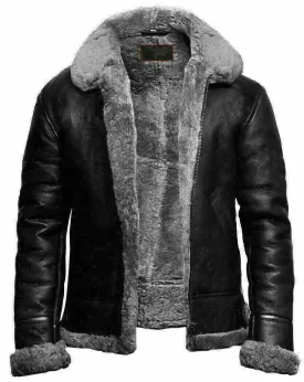 Mens Aviator RAF B3 Black Bomber Fur Shearling Collar Sheepskin Leather Jackets