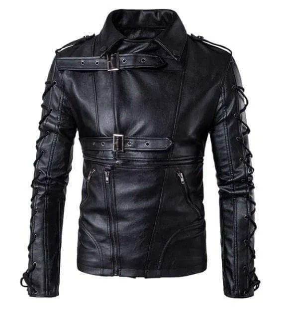 Men's Black Belted Buckle Zip Up Leather Handmade Casual Jacket