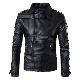 Men's Black Belted Buckle Zip Up Leather Handmade Casual Jacket