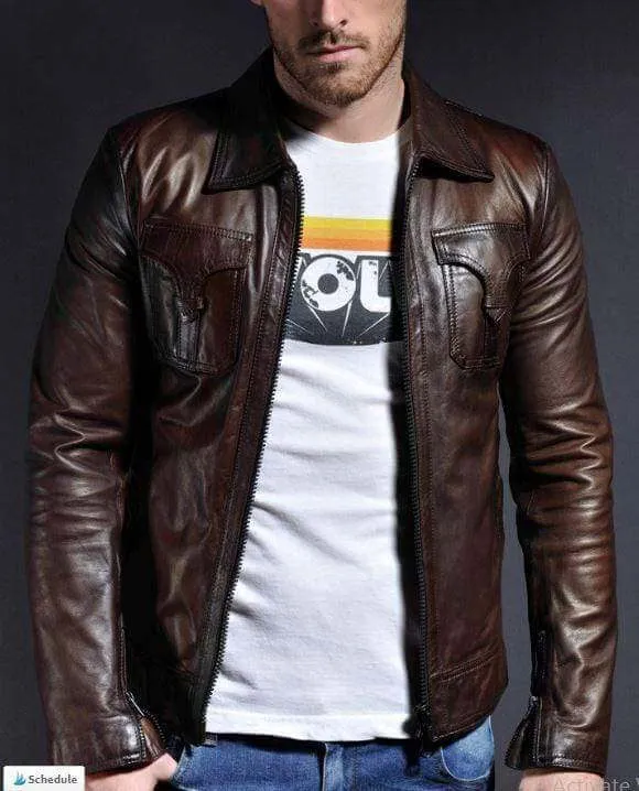 Men's Brown Leather Slim fit Biker Motorcycle Casual Jacket