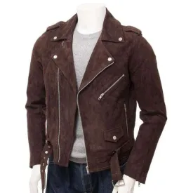 Men's Brown Suede Biker Motorcycle Fashion Belted Jacket