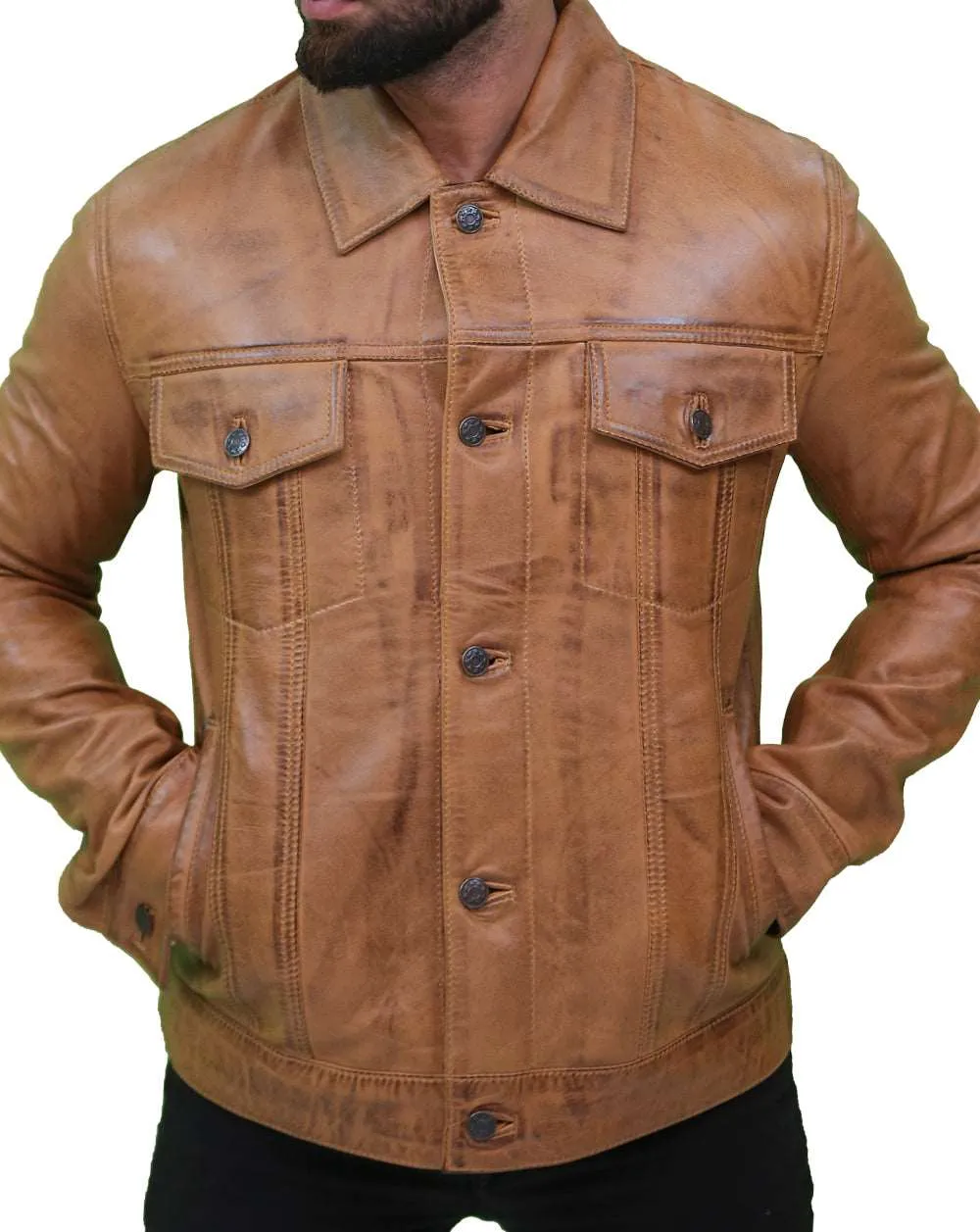 Men's Camel Brown Trucker Leather Jacket