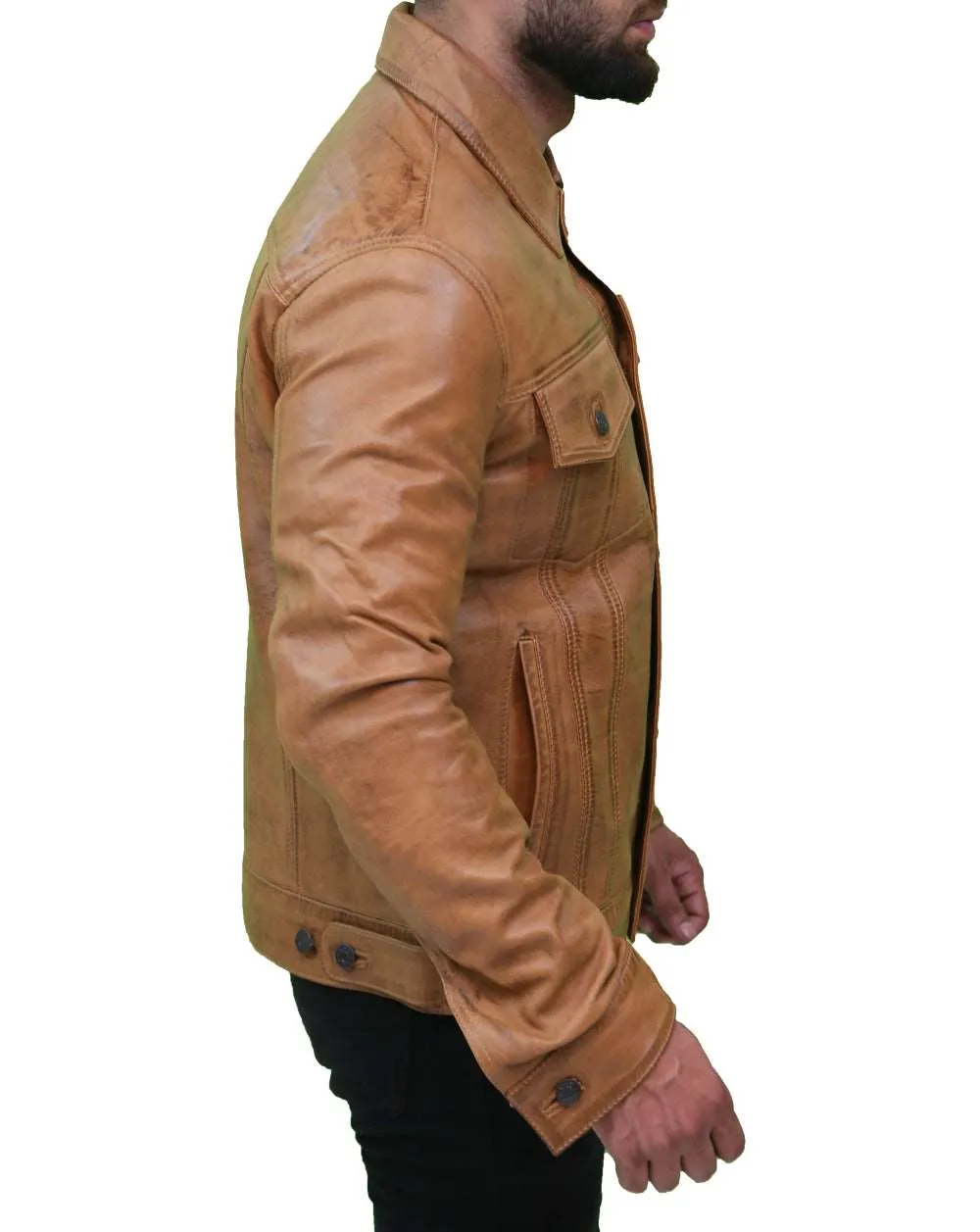 Men's Camel Brown Trucker Leather Jacket