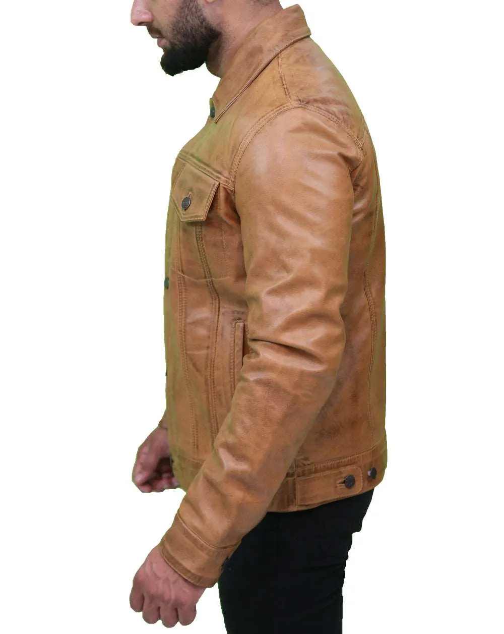 Men's Camel Brown Trucker Leather Jacket