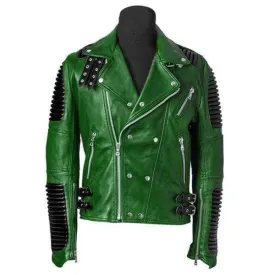 Men's New Green Motorbike Leather Jacket, Classic Trendy Scooter Fashion Jacket