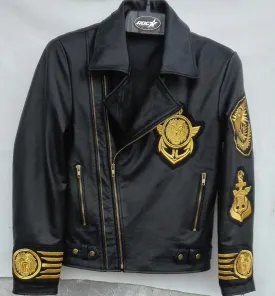 Men's New Handmade Embroidery Patches Golden Black Brando Style Leather Jacket