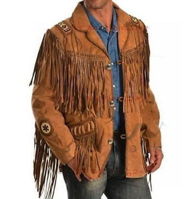 Men's New Tan Brown Western Suede Cow Leather Jacket Fringes, Cowboy Jacket