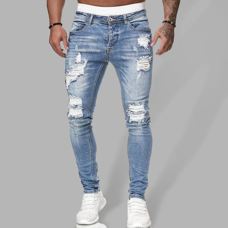 Men's Solid Color Ripped Stretch Skinny Distressed Jeans