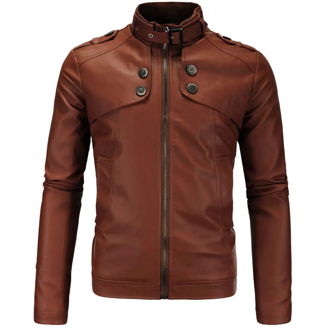 Mens Zip Brown Original Soft Leather Jacket Coat Slim Fit Outwear Tops Fashion