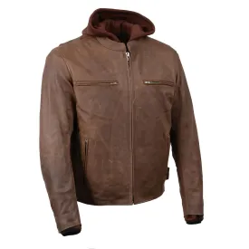 Milwaukee Leather MLM1518 Men's 'Scoundrel' Vintage Crazy Horse Brown Leather Jacket w/ Removable Hoodie