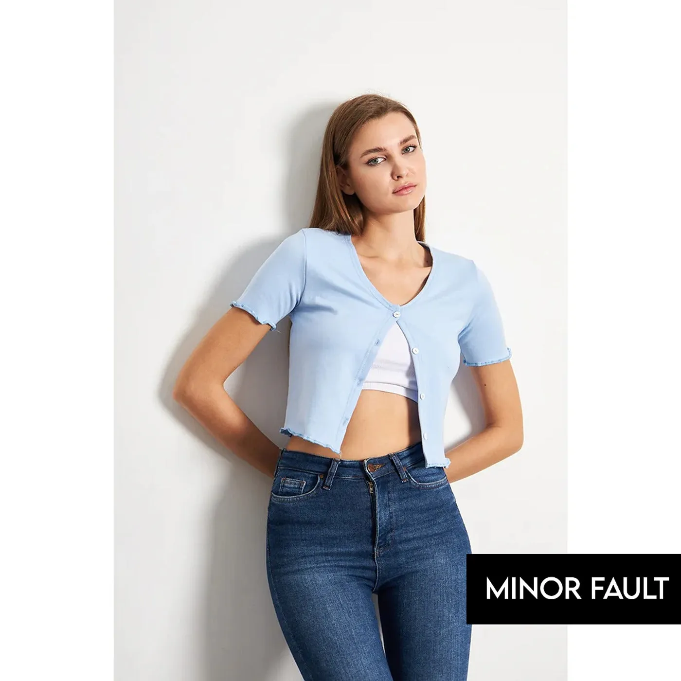 (Minor Fault) Light Blue Button Down Crop Top